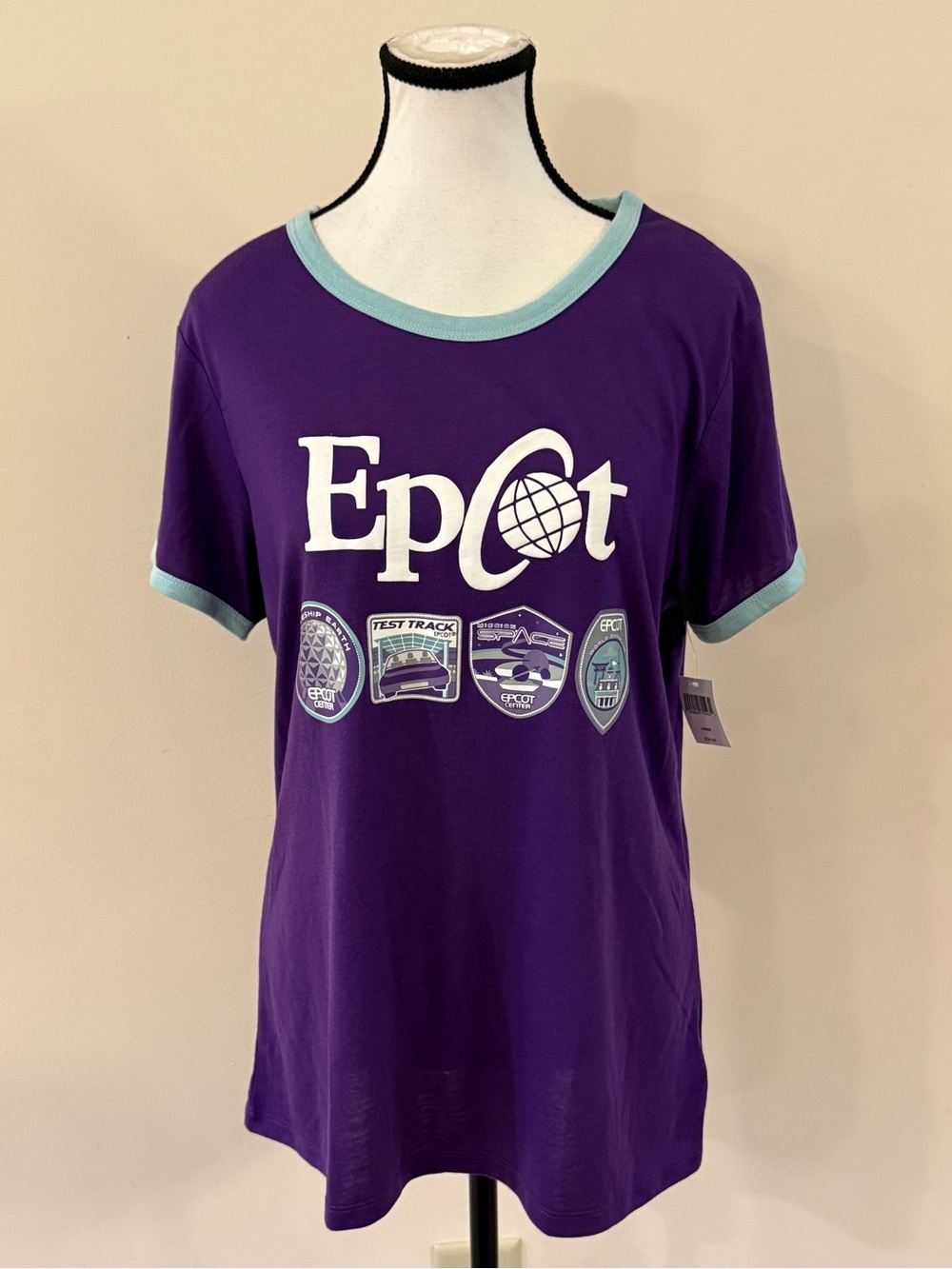 Disney Parks Epcot Purple Graphic Ringer Tee with Light Blue Trim size large